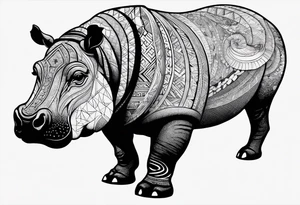 Asymmetrical, geometric, chinese ink art touch, hippo , full moon, tribal, orientation portrait tattoo idea