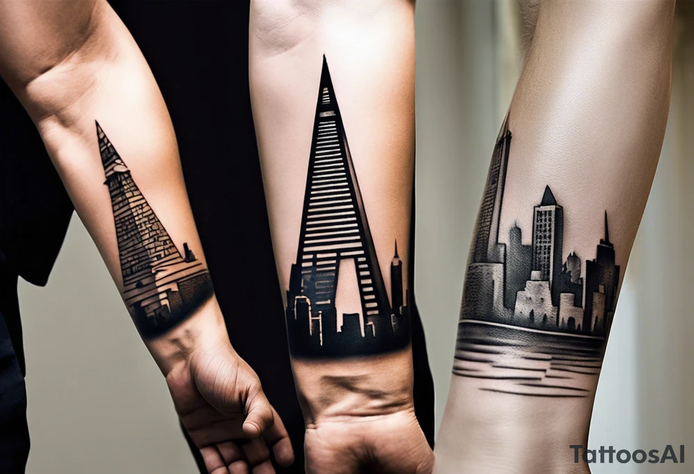 Create a visually dynamic tattoo that seamlessly blends the timeless elegance of the three Pyramids of Giza with the modern allure of the Manhattan skyline. Envision the pyramids standing majestically, perhaps incorporating subtle Egyptian motifs like hieroglyphs or an ankh, transitioning smoothly into the iconic structures of New York, such as the Empire State Building and One World Trade Center. tattoo idea