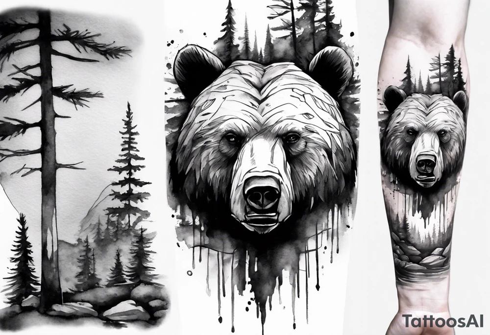 bear head right above the forest line with a lake below, full arm sleeve tattoo tattoo idea