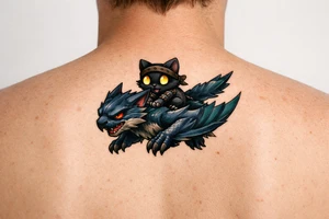 Minimalist fantasy tattoo flash illustration of a cute chibi Palico feline cat riding on the back of a sleek, simplified Nargacuga wyvern dragon. The Nargacuga is designed with smooth fluid linework, stylized with a rich mix of dark steel blue and deep teal color gradients. The Palico cat is matte black with large, bright glowing yellow eyes. Neo-traditional tattoo style, bold black outer linework, no fine micro-shading, high contrast, pure white background. tattoo idea