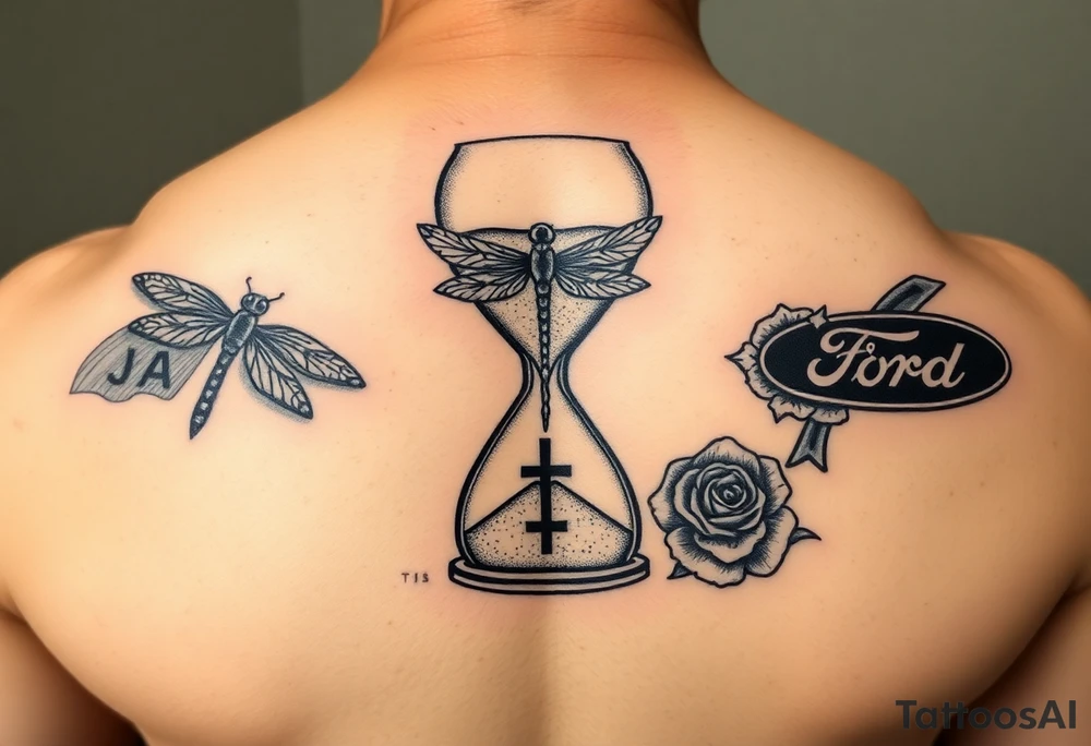 Hourglass with the letters J, A, C in the sand, dragonfly, cross, black rose, and Ford emblem as one tattoo tattoo idea