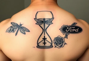 Hourglass with the letters J, A, C in the sand, dragonfly, cross, black rose, and Ford emblem as one tattoo tattoo idea