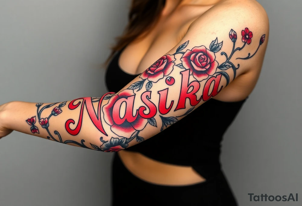 the word Nashika with roses tattoo idea