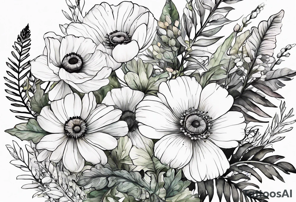 wild flowers with ferns and white anemone all watercolor tattoo idea