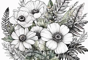 wild flowers with ferns and white anemone all watercolor tattoo idea