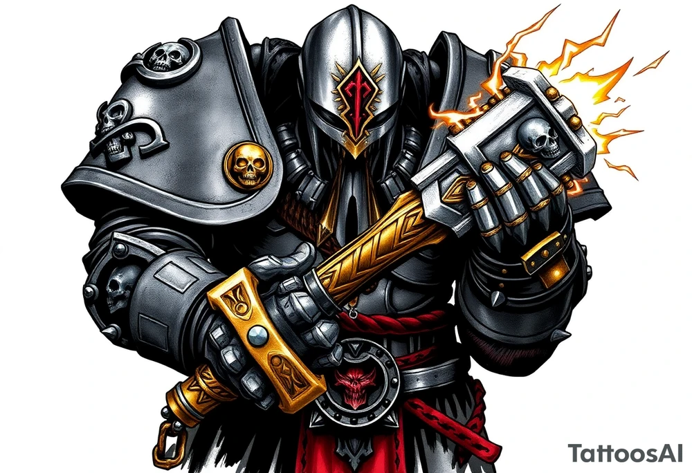 Warhammer, the Old World. A warrior priest of Sigmar holding The Warhammer of Sigmar. The Warhammer of Sigmar is radiating thunderous energy. The Warhammer is held by the warrior priest with both gripping hands at the shaft, upon his chest level. The Warrior priest is wearing dark alloyed heavy armour (reference armor from warhammer vermintide 2 Victor Saltzpyres, the warrior priest of Sigmar class) with skull sigils on his shoulder pads. The warrior priest is wearing a helmet, while the helmets front visor has an humanoid metal face covering. The helmet and armour are gladened with hints of gold and crimson red. The Warhammer is silverish and golden with a long shaft with twisted carvings. tattoo idea