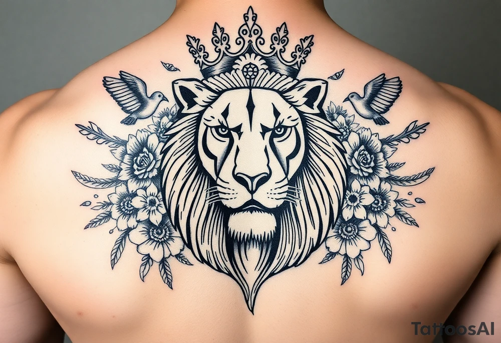 powerful majestic lion with a crown, surrounded by floral ornaments and birds tattoo idea