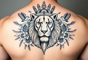 powerful majestic lion with a crown, surrounded by floral ornaments and birds tattoo idea