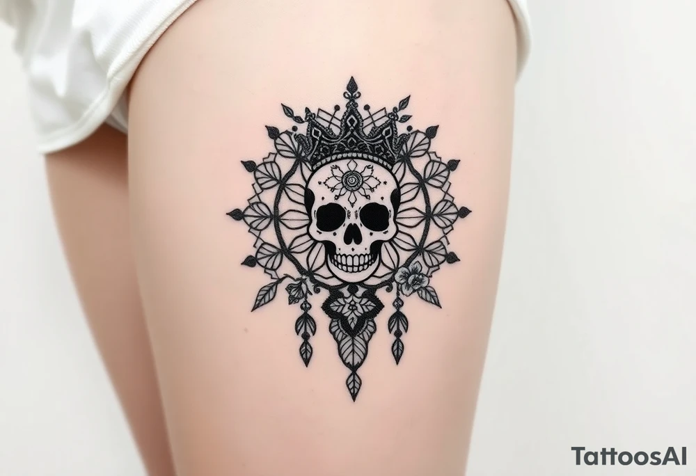 Mandala dream catcher lace with delicate skull and flowers wearing elegant crown tattoo idea