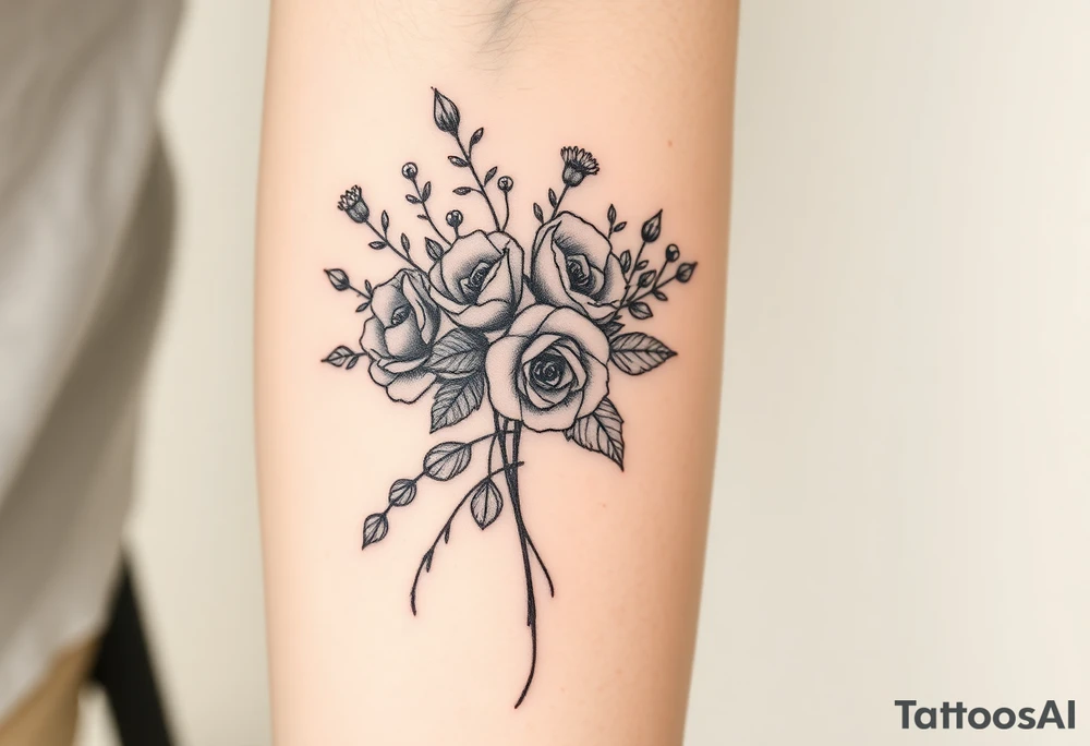 vintage bouquet of wild roses and meadow flowers with morning dew tattoo idea