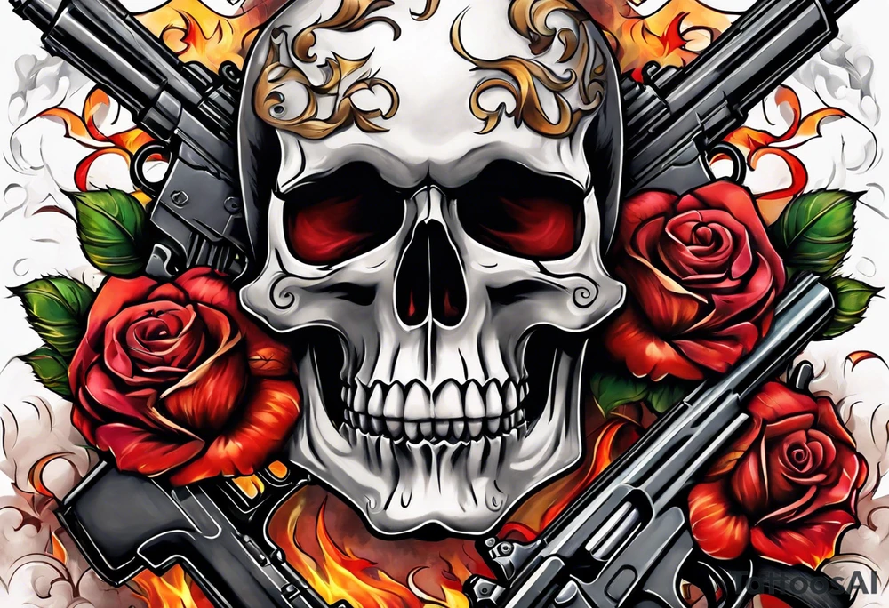 skull with a gun a  rose and an dominated by a  heart with  flames coming out of the top of it tattoo idea