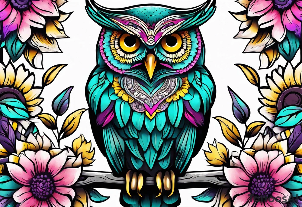 Sleeve with teal, pink and purple owl and yellow sunflowers tattoo idea