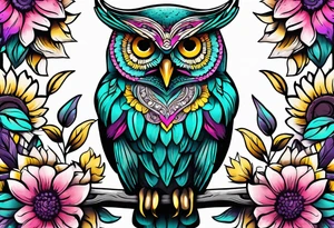 Sleeve with teal, pink and purple owl and yellow sunflowers tattoo idea