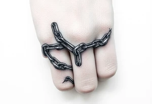 gothic chains intertwined on pointer finger and thumb tattoo idea