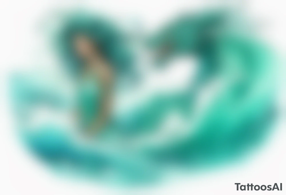 a beautiful turquoise dragon woman emerging from an ocean wave, crashing onto the shore tattoo idea