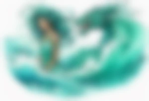 a beautiful turquoise dragon woman emerging from an ocean wave, crashing onto the shore tattoo idea