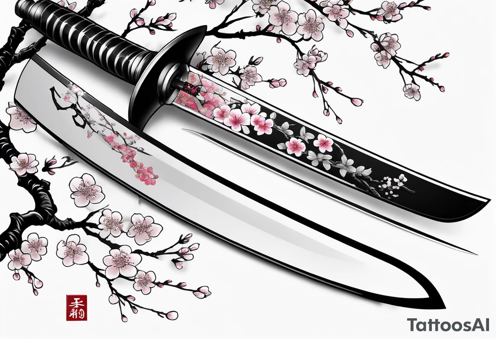 Katana vertical with cherry blossoms and shadow kanji tattoo idea