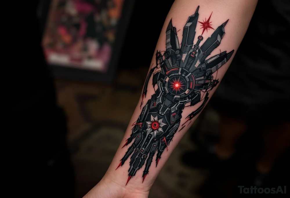 A shadowy mech-arm inked in matte black with accents of silver and a central pulsar in deep red. tattoo idea