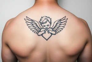 a child with wings hugging a heart sketch with minimal line work tattoo idea