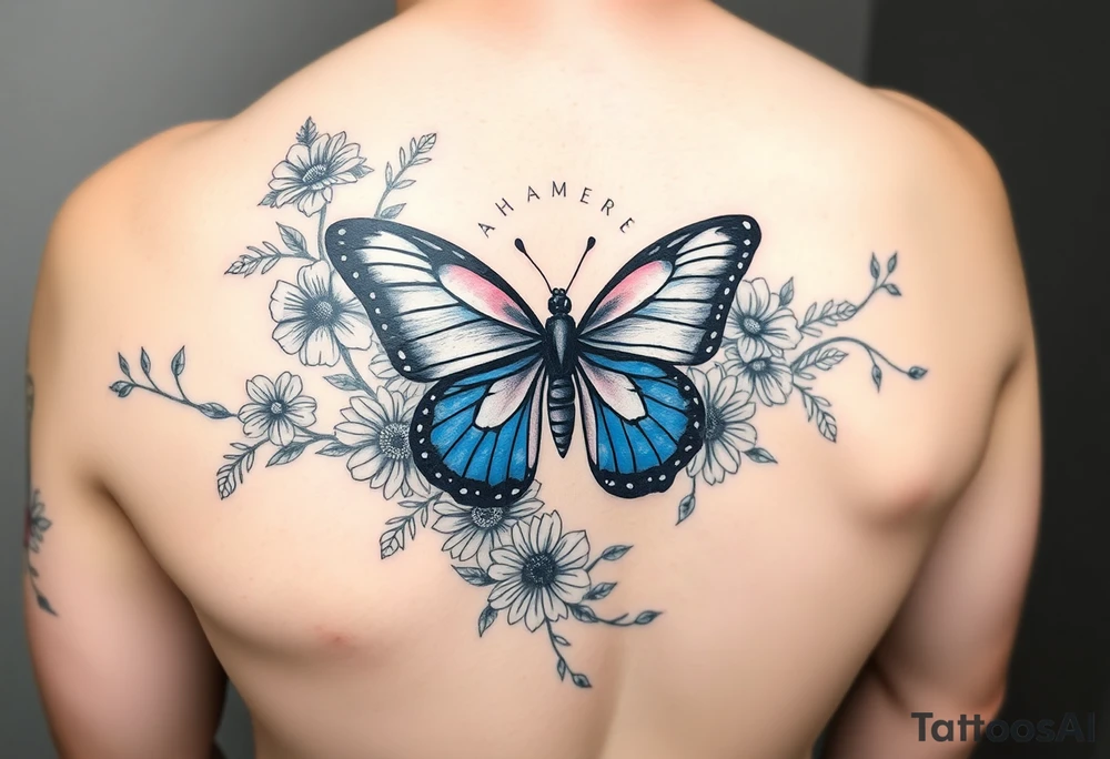 Sleeve/ floral with vines roses and daises large bright blue monarch in center of forearm with floral extending from wrist to mid bicep children’s names written with vines “ amber, Zachary, Justin, Harper, Vivian “ ARM SLEEVE tattoo idea