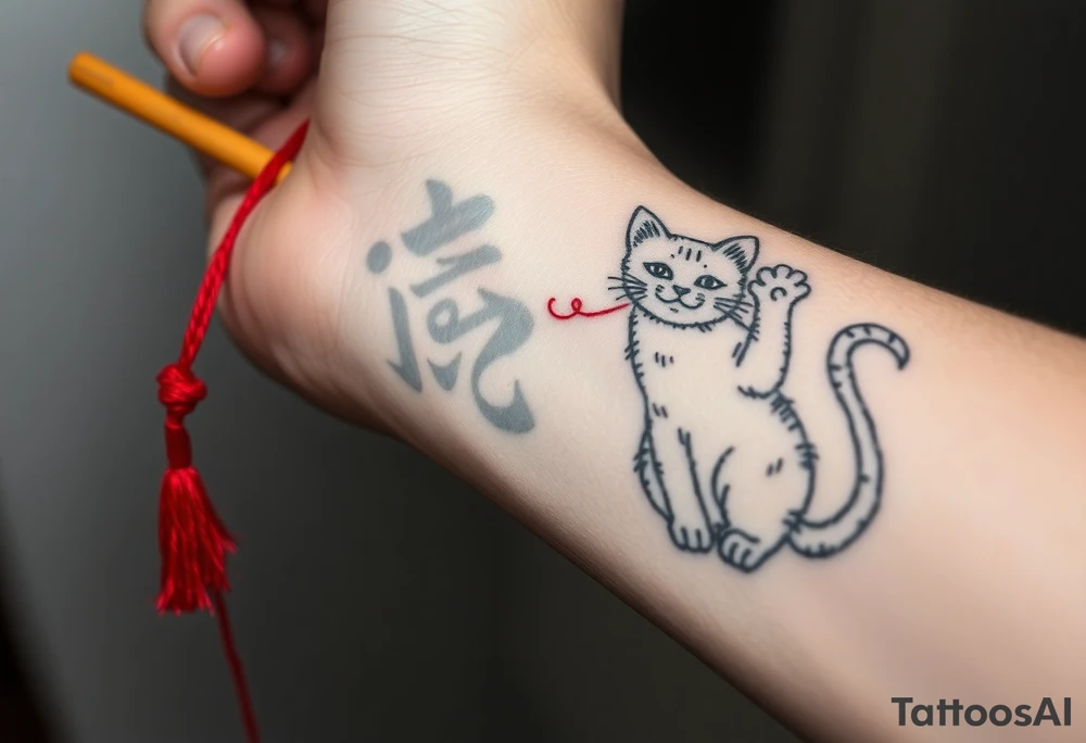 chinese chopsticks with a red thread by the end of it,
about 5cm long , 1 cm wide
it goes into the anterior part of the left wrist
besides the chopstick lies a chinese cat drawing waving its right arm tattoo idea