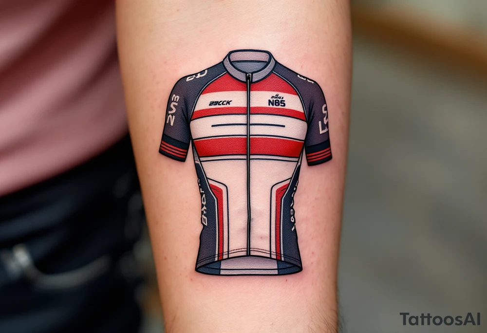 A stylized cycling jersey with race number, subtly adorned with stripes and patterns to evoke the essence of competitive cycling. The jersey design can incorporate shades of red, white, and black, with the number in bold black ink. This tattoo could emphasize the rider’s dedication and connection to the sport. tattoo idea