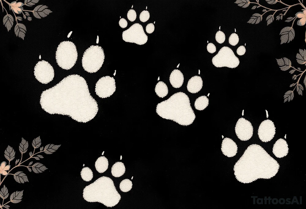 Negative Space Paw Prints – Skin-tone cutouts in a dark shaded background, creating the illusion of paw prints through light and shadow contrast. tattoo idea