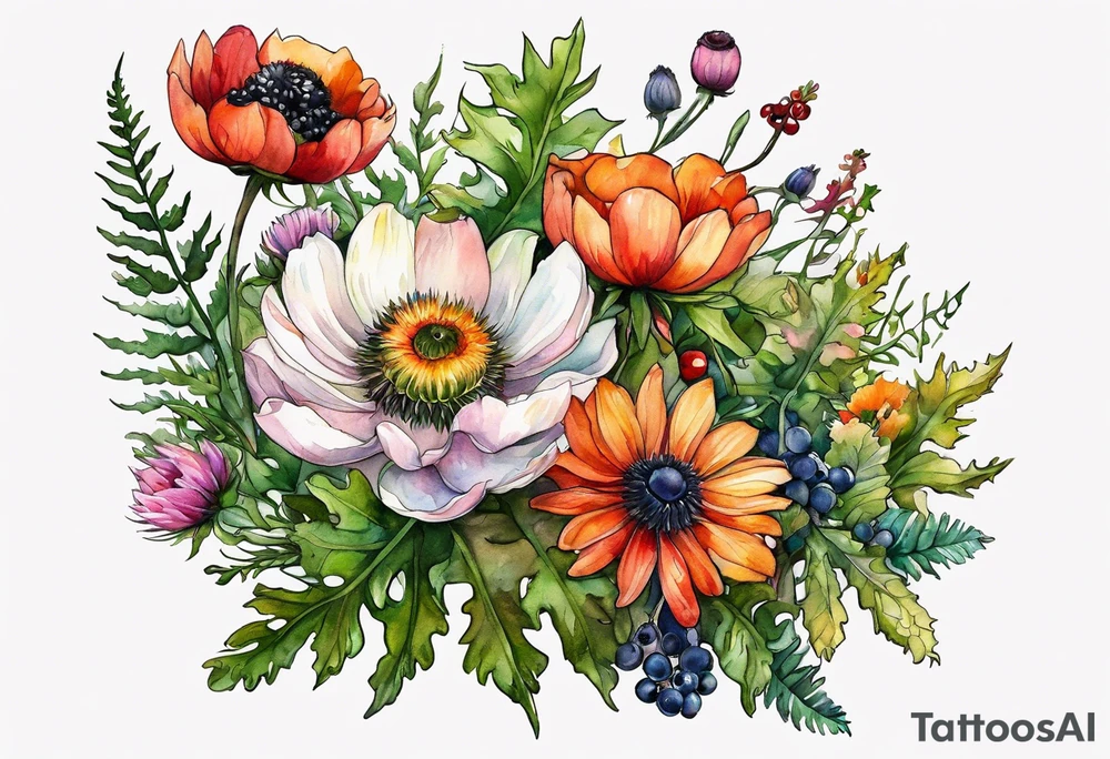 wildflowers with thistles, ferns, white anemones, sun flowers, orange flowers, green flowers, pink flowers, red flowers, berries and all in watercolor tattoo idea