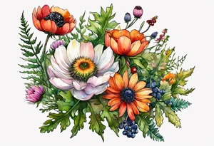wildflowers with thistles, ferns, white anemones, sun flowers, orange flowers, green flowers, pink flowers, red flowers, berries and all in watercolor tattoo idea