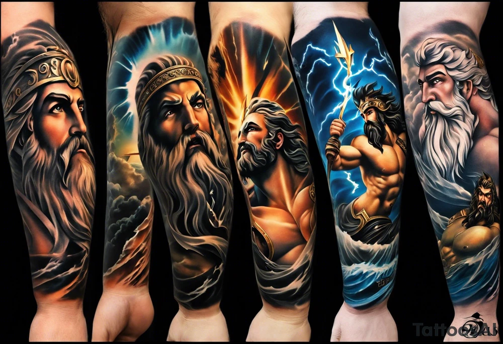 Full left arm tattoo sleeve with the Greek gods, Zeus, Poseidon and Hades. Zeus' face with a lightning bolt coming out of one eye is at the left shoulder, Poseidon's  face with a trident as one of his eyes is at the left upper arm and Hades' face with 
a bident as one of his eyes is at the left forearm. tattoo idea