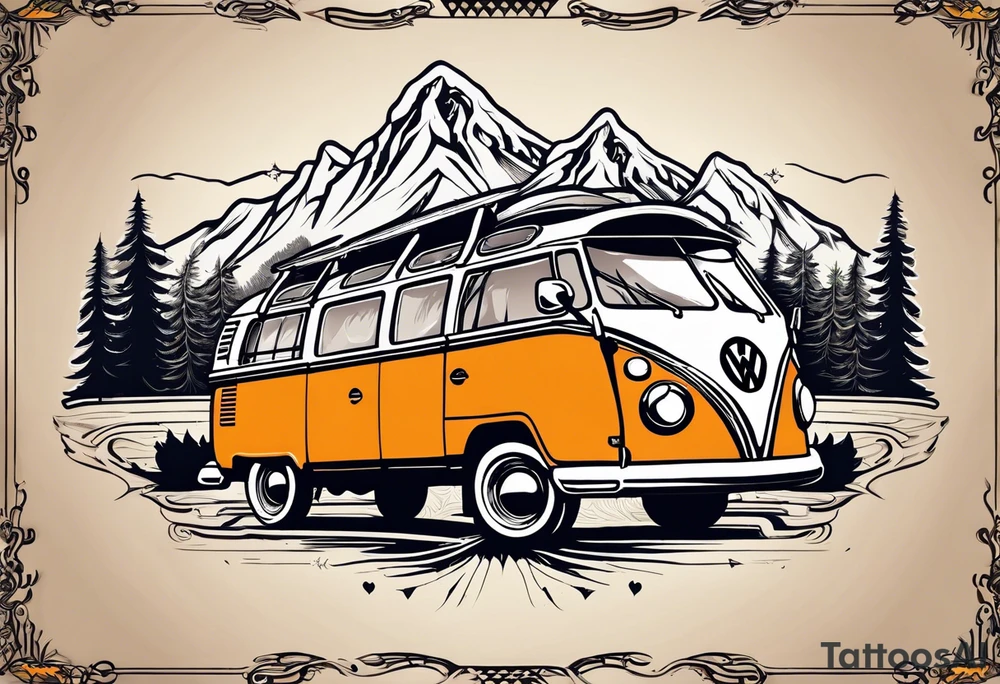 directional Compass rose, mountains and VW Komi campervan tattoo idea