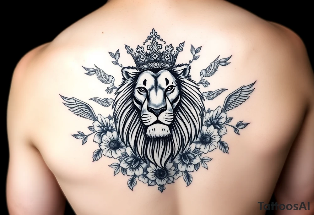 powerful majestic lion with a crown, surrounded by floral ornaments and birds tattoo idea