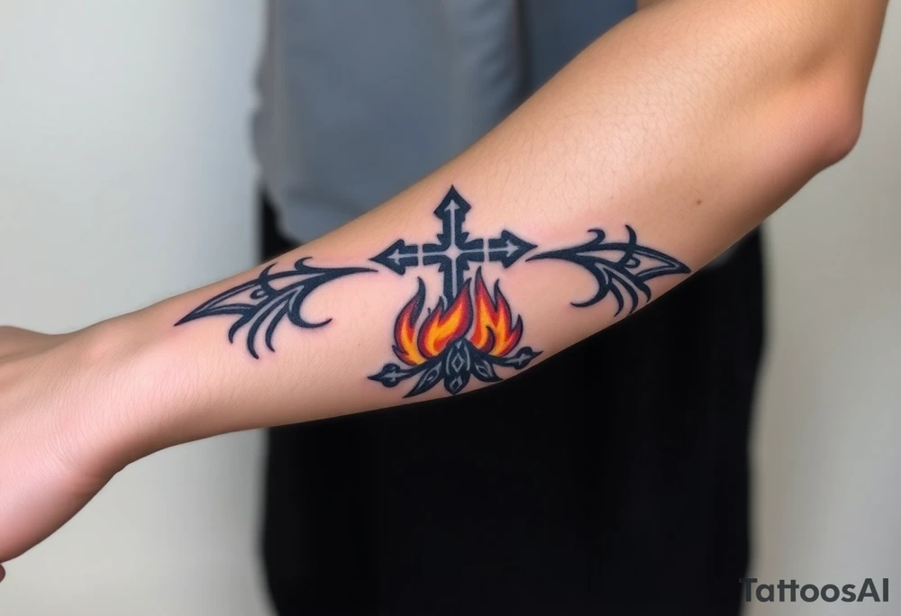 Campfire with cross include the great outdoors and night sky make sure cross doesn't look like it is on fire tattoo idea