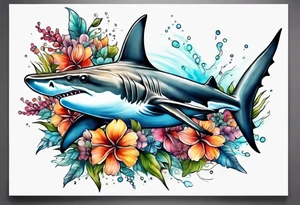 Hammerhead shark with flowers tattoo idea