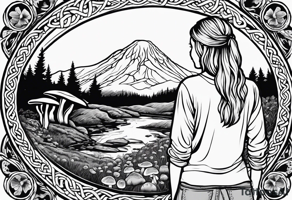 Whole picture encircled fully

Straight long blonde hair hippie girl in distance holding mushrooms in hand facing away toward mountains and creek surrounded by mushrooms long sleeve shirt and hiking pants; whole rendering within a full celtic circle, no cut off circle tattoo idea