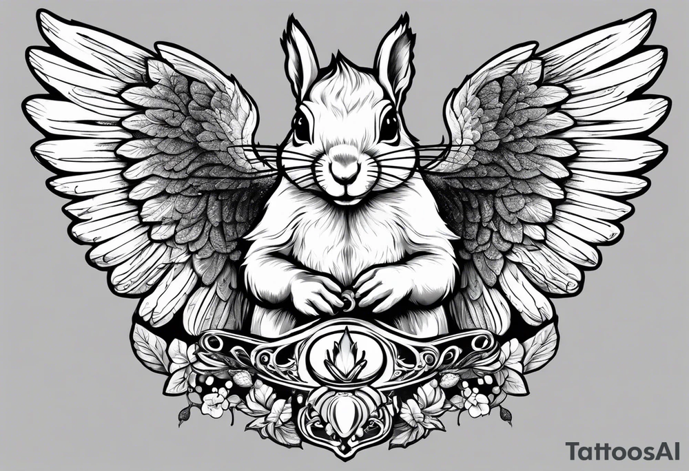 Squirrel with angel wings holding a nut tattoo idea