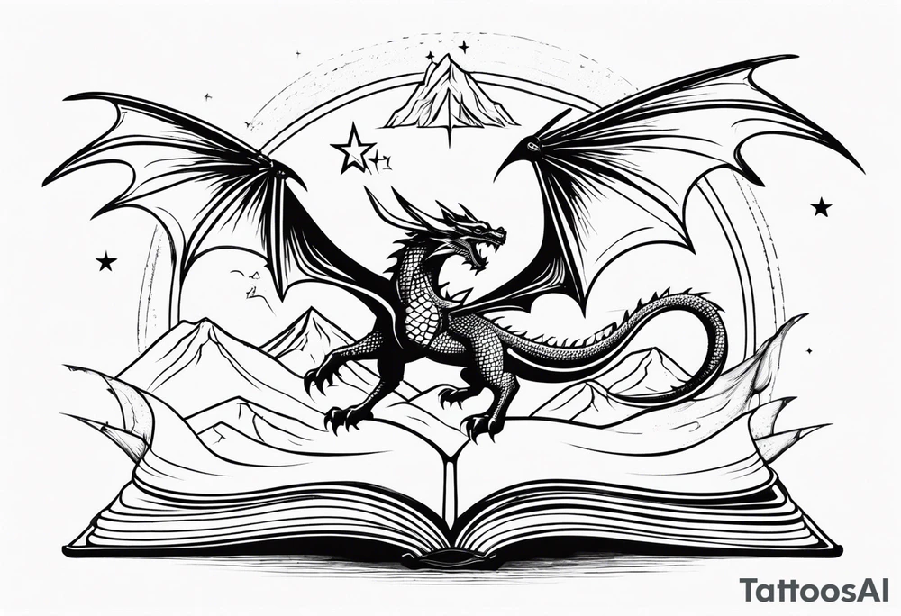 an open fairy fantasy book. a flying dragon with scales and four legs. a sword. Three stars with three mountain peaks tattoo idea