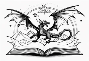 an open fairy fantasy book. a flying dragon with scales and four legs. a sword. Three stars with three mountain peaks tattoo idea