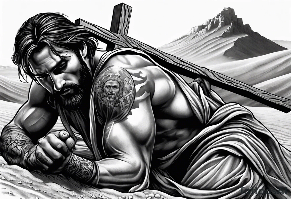 man crawling in a desert reaching to the cross of Christ tattoo idea