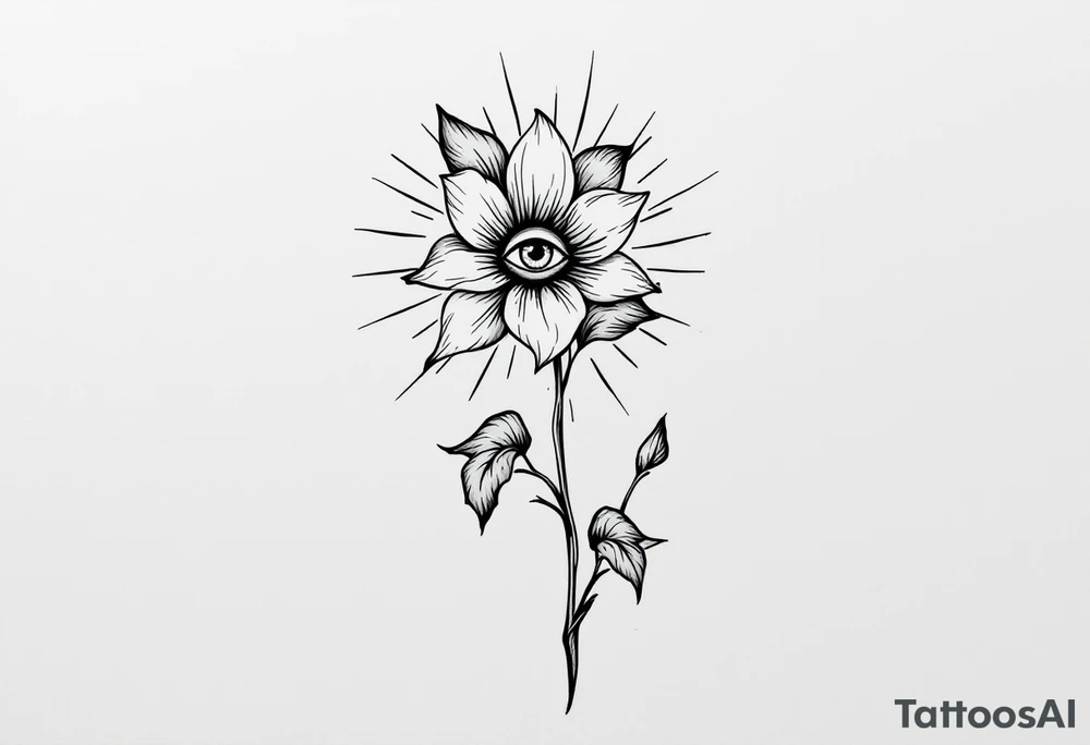 A long flower with leaves and with the centre being an eye and around the petals having black sunrays tattoo idea