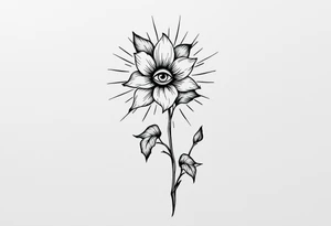 A long flower with leaves and with the centre being an eye and around the petals having black sunrays tattoo idea