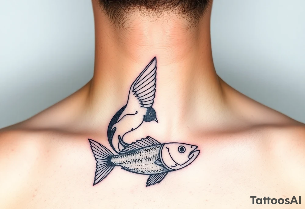 minimal fine line bird and fish tattoo, for chest, man. not many details. a lot of black color tattoo idea