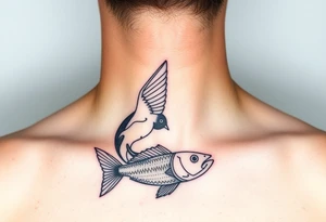 minimal fine line bird and fish tattoo, for chest, man. not many details. a lot of black color tattoo idea
