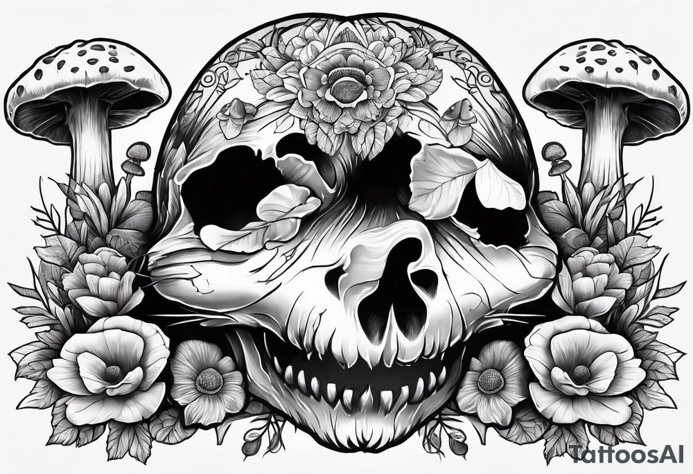 ILLUSTRATIVE FINE LINE RACCOON SKULL WITH MUSHROOMS GROWING OUT OF IT tattoo idea
