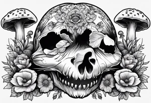 ILLUSTRATIVE FINE LINE RACCOON SKULL WITH MUSHROOMS GROWING OUT OF IT tattoo idea