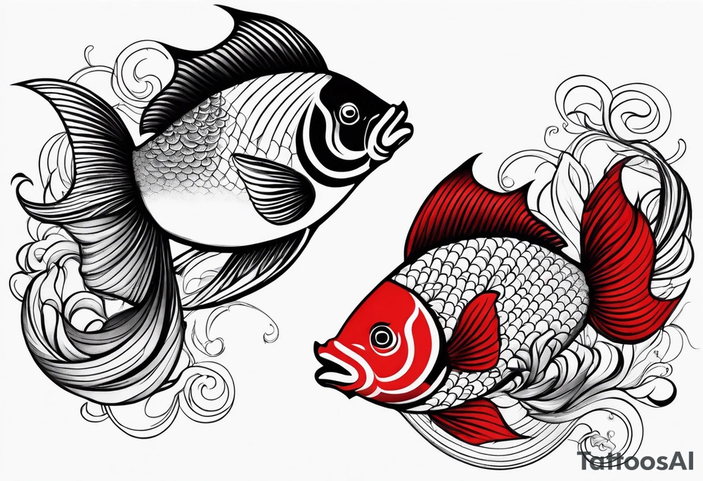 twin coi fish one red one black with waves and lotus flowers tattoo idea