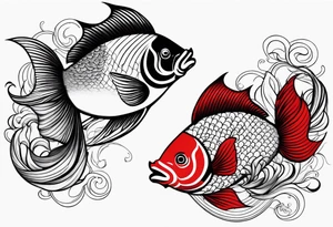 twin coi fish one red one black with waves and lotus flowers tattoo idea