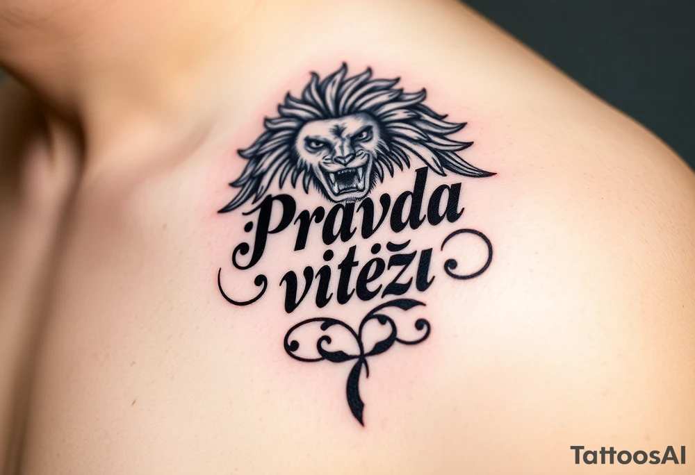 "Pravda vítězí" (Truth Prevails) in elegant calligraphy, intertwined with the Czech lion’s mane, in bold black ink. tattoo idea