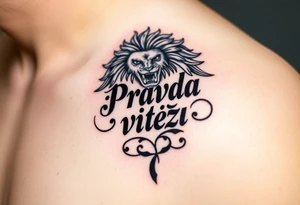 "Pravda vítězí" (Truth Prevails) in elegant calligraphy, intertwined with the Czech lion’s mane, in bold black ink. tattoo idea