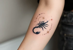 The celestial scorpion creeps across the night in streaks of golden scorpio star constellation lit by Antares’ burning red flame tattoo idea